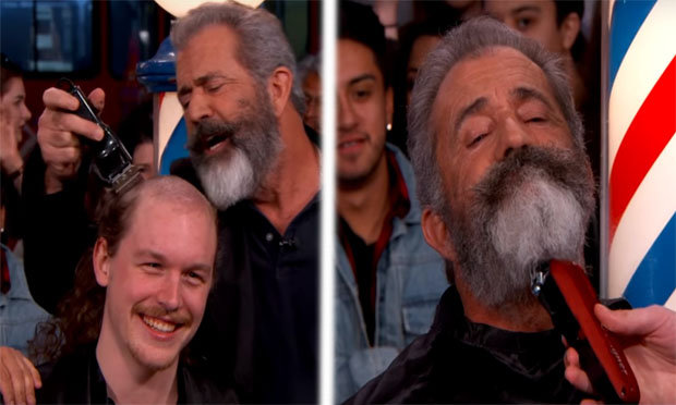 Watch Mel Gibson shaves a stranger s head and gets his own beard