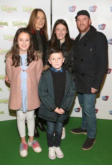 Katie Burns, Dana Burns, Holly Burns, Jack Burns and Ciaran Burns at the opening night of Shrek the Musical at The Bord Gais Energy Theatre, Dublin. Photo by Brian McEvoy