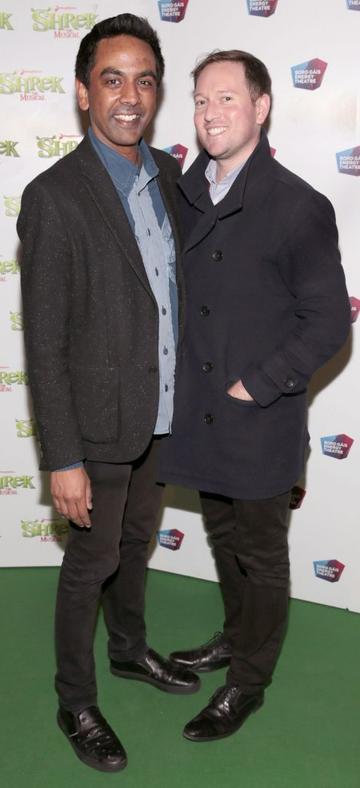 Clint Drieberg and David Mitchell at the opening night of Shrek the Musical at The Bord Gais Energy Theatre, Dublin. Photo by Brian McEvoy