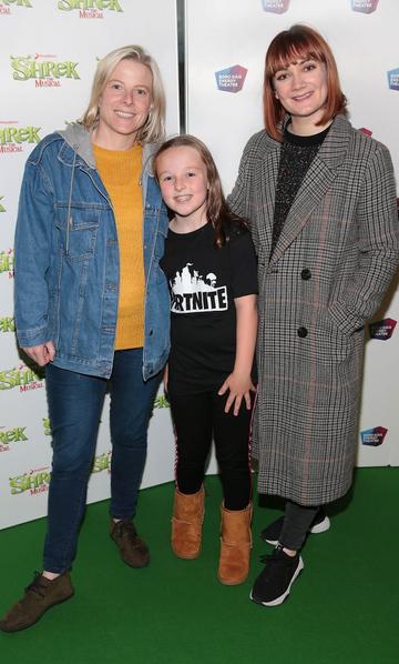 Linda Burke, Abi Burton and Sharon Gray at the opening night of Shrek the Musical at The Bord Gais Energy Theatre, Dublin. Photo by Brian McEvoy