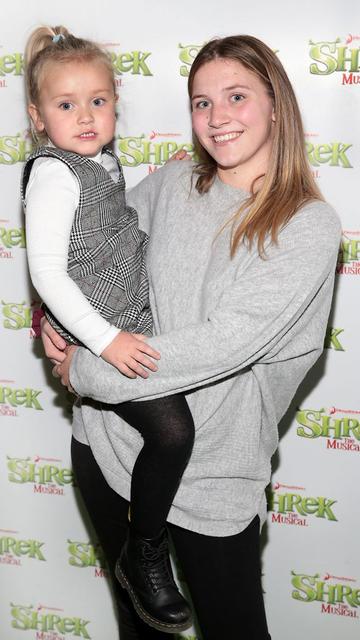 Mila Bailey and Eire Green at the opening night of Shrek the Musical at The Bord Gais Energy Theatre, Dublin. Photo by Brian McEvoy
