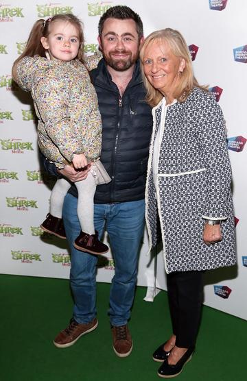 Alan Swan with Serena Swan and Mari McGuane at the opening night of Shrek the Musical at The Bord Gais Energy Theatre, Dublin. Photo by Brian McEvoy