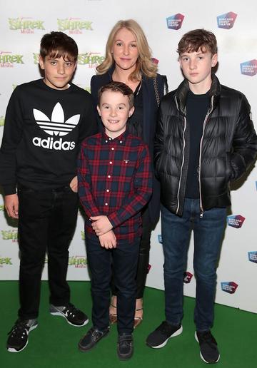 Mona Doyle with Evan Doyle, Cormack Doyle and Patrick McEnroe at the opening night of Shrek the Musical at The Bord Gais Energy Theatre, Dublin. Photo by Brian McEvoy