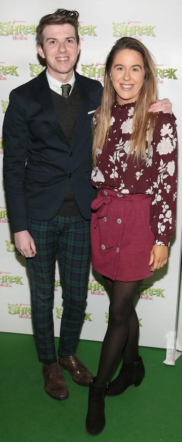 Mikie O Loughlin and Sarah Curran at the opening night of Shrek the Musical at The Bord Gais Energy Theatre, Dublin. Photo by Brian McEvoy