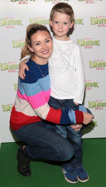 Anna Daly and son James Ward at the opening night of Shrek the Musical at The Bord Gais Energy Theatre, Dublin. Photo by Brian McEvoy