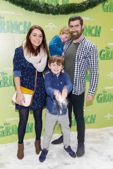 Ciara and Daniel Fagan with Charlie (4) and Alex (8) pictured at the Irish premiere screening of The Grinch at ODEON Point Village, Dublin. Picture Andres Poveda