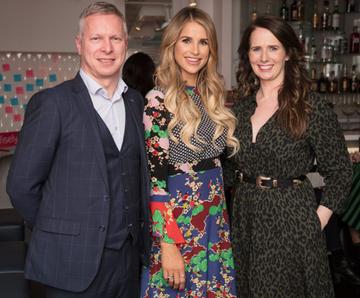 Eoin Donnelly , Vogue Williams &amp; Hillary Hughes pictured at the launch of Lily O'Brien’s 'Share Wisely' bags. Photo: Anthony Woods