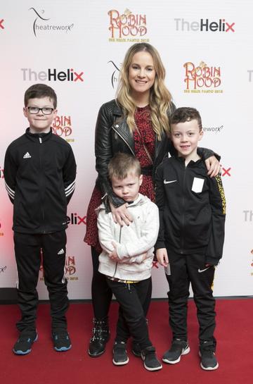 Pictured  Michelle Tighe with Conor , Oisin and Dlyan  at the opening night of The Helix Pantomime, Robin Hood on Saturday night.

Photo: Leon Farrell/Photocall Ireland.