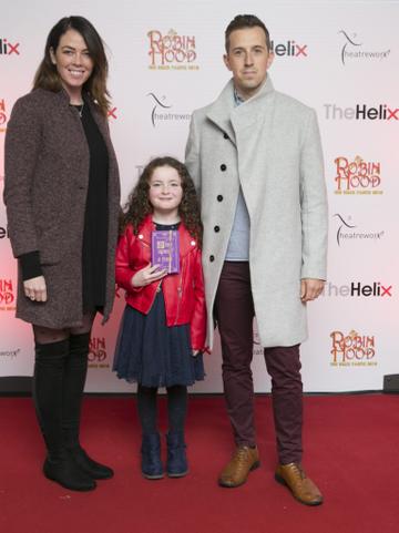 Pictured  Luke O'Faolain with his dughter Edie and partner Sandra at the opening night of The Helix Pantomime, Robin Hood on Saturday night.

Photo: Leon Farrell/Photocall Ireland.