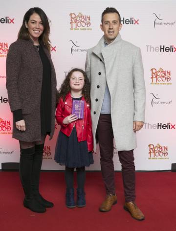 NO REPRO FEE. Pictured  Luke O'Faolain with his dughter Edie and partner Sandra at the opening night of The Helix Pantomime, Robin Hood on Saturday night. A superb cast which includes, Ireland’s premier tenor, Paul Byrom will take to the stage for this magical production which begins an eight week run until Sunday 20th January 2019.Tickets, priced from €19.50 (booking fees apply) and are on sale now from www.thehelix.ie and at The Helix Box Office.Photo: Leon Farrell/Photocall Ireland.