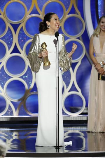 Sandra Oh from “Killing Eve” accept the Best Performance by an Actress in a Television Series – Drama award  onstage during the 76th Annual Golden Globe Awards at The Beverly Hilton Hotel on January 06, 2019 in Beverly Hills, California.  (Photo by Paul Drinkwater/NBCUniversal via Getty Images)
