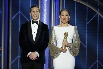 Hosts Andy Samberg and Sandra Oh speak onstage during the 76th Annual Golden Globe Awards at The Beverly Hilton Hotel on January 06, 2019 in Beverly Hills, California.  (Photo by Paul Drinkwater/NBCUniversal via Getty Images)