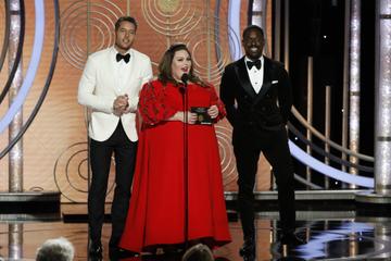 Presenters Justin Hartley, Chrissy Metz and Sterling K. Brown speak onstage during the 76th Annual Golden Globe Awards at The Beverly Hilton Hotel on January 06, 2019 in Beverly Hills, California.  (Photo by Paul Drinkwater/NBCUniversal via Getty Images)