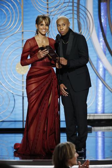 Halle Berry and Lena Waithe  speak onstage during the 76th Annual Golden Globe Awards at The Beverly Hilton Hotel on January 06, 2019 in Beverly Hills, California.  (Photo by Paul Drinkwater/NBCUniversal via Getty Images)