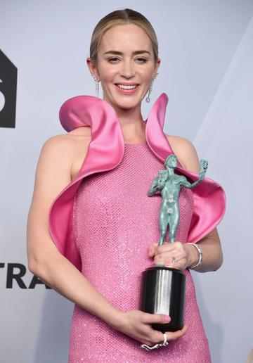 LOS ANGELES, CA - JANUARY 27:  Emily Blunt poses in the press room with award for Outstanding Performance by a Female Actor in a Supporting Role in 'A Quiet Place ' during the 25th Annual Screen Actors Guild Awards at The Shrine Auditorium on January 27, 2019 in Los Angeles, California. 480645  (Photo by Gregg DeGuire/Getty Images for Turner)