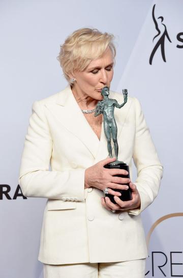 LOS ANGELES, CA - JANUARY 27:  Glenn Close poses in the press room with award for Outstanding Performance by a Female Actor in a Leading Role in 'The Wife' during the 25th Annual Screen Actors Guild Awards at The Shrine Auditorium on January 27, 2019 in Los Angeles, California. 480645  (Photo by Gregg DeGuire/Getty Images for Turner)