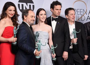 LOS ANGELES, CA - JANUARY 27:  (L-R) Marin Hinkle, Kevin Pollak, Rachel Brosnahan, Luke Kirby, and Brian Tarantina pose in the press room with awards for Outstanding Performance by an Ensemble in a Comedy Series in 'The Marvelous Mrs. Maisel' during the 25th Annual Screen Actors Guild Awards at The Shrine Auditorium on January 27, 2019 in Los Angeles, California. 480645  (Photo by Gregg DeGuire/Getty Images for Turner)
