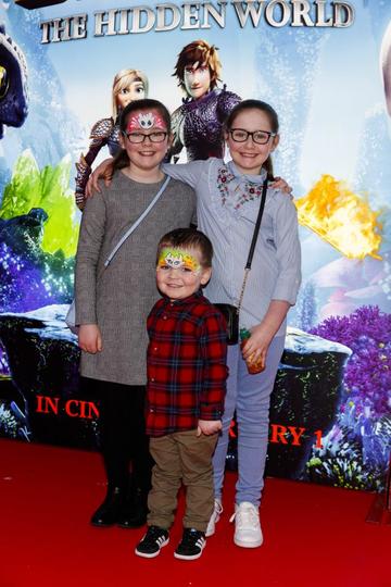 Repro Free: 27/01/2019 Issabelle and Abbie (9) and Sack Lawlor (3) pictured at the Irish premiere screening of HOW TO TRAIN YOUR DRAGON: THE HIDDEN WORLD at the Light House Cinema, Dublin. Starring Kit Harrington, Cate Blanchett, America Ferrera, Jonah Hill, Kristen Wiig and Jay Baruchel, HOW TO TRAIN YOUR DRAGON : THE HIDDEN WORLD hits cinemas across Ireland from February 1st. Now chief and ruler of Berk alongside Astrid, Hiccup has created a gloriously chaotic dragon utopia.  When the sudden appearance of female Light Fury coincides with the darkest threat their village has ever faced, Hiccup and Toothless must leave the only home they’ve known and journey to a hidden world thought only to exist in myth.  As their true destines are revealed, dragon and rider will fight together—to the very ends of the Earth—to protect everything they’ve grown to treasure. Picture Andres Poveda