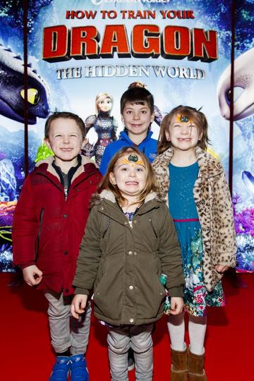 Repro Free: 27/01/2019 Dexter Walker (5), Dylan Serman (9), Esme Walker (3) and Stacey Sherman (6) pictured at the Irish premiere screening of HOW TO TRAIN YOUR DRAGON: THE HIDDEN WORLD at the Light House Cinema, Dublin. Starring Kit Harrington, Cate Blanchett, America Ferrera, Jonah Hill, Kristen Wiig and Jay Baruchel, HOW TO TRAIN YOUR DRAGON : THE HIDDEN WORLD hits cinemas across Ireland from February 1st. Now chief and ruler of Berk alongside Astrid, Hiccup has created a gloriously chaotic dragon utopia.  When the sudden appearance of female Light Fury coincides with the darkest threat their village has ever faced, Hiccup and Toothless must leave the only home they’ve known and journey to a hidden world thought only to exist in myth.  As their true destines are revealed, dragon and rider will fight together—to the very ends of the Earth—to protect everything they’ve grown to treasure. Picture Andres Poveda