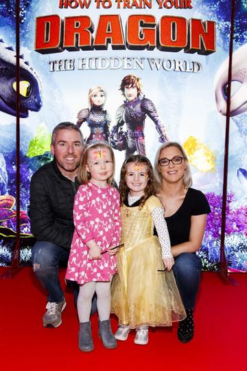Repro Free: 27/01/2019 Cian, Sue, Eve (4) and Sophie O'Herlihy (3) pictured at the Irish premiere screening of HOW TO TRAIN YOUR DRAGON: THE HIDDEN WORLD at the Light House Cinema, Dublin. Starring Kit Harrington, Cate Blanchett, America Ferrera, Jonah Hill, Kristen Wiig and Jay Baruchel, HOW TO TRAIN YOUR DRAGON : THE HIDDEN WORLD hits cinemas across Ireland from February 1st. Now chief and ruler of Berk alongside Astrid, Hiccup has created a gloriously chaotic dragon utopia.  When the sudden appearance of female Light Fury coincides with the darkest threat their village has ever faced, Hiccup and Toothless must leave the only home they’ve known and journey to a hidden world thought only to exist in myth.  As their true destines are revealed, dragon and rider will fight together—to the very ends of the Earth—to protect everything they’ve grown to treasure. Picture Andres Poveda