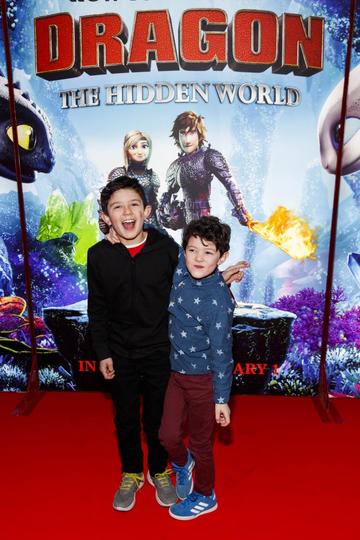 Repro Free: 27/01/2019 Monty (8)  and Ewan Feonander (5) pictured at the Irish premiere screening of HOW TO TRAIN YOUR DRAGON: THE HIDDEN WORLD at the Light House Cinema, Dublin. Starring Kit Harrington, Cate Blanchett, America Ferrera, Jonah Hill, Kristen Wiig and Jay Baruchel, HOW TO TRAIN YOUR DRAGON : THE HIDDEN WORLD hits cinemas across Ireland from February 1st. Now chief and ruler of Berk alongside Astrid, Hiccup has created a gloriously chaotic dragon utopia.  When the sudden appearance of female Light Fury coincides with the darkest threat their village has ever faced, Hiccup and Toothless must leave the only home they’ve known and journey to a hidden world thought only to exist in myth.  As their true destines are revealed, dragon and rider will fight together—to the very ends of the Earth—to protect everything they’ve grown to treasure. Picture Andres Poveda