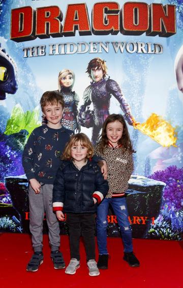 Repro Free: 27/01/2019 James (7) Emily (7) and Ben Baij (4)  pictured at the Irish premiere screening of HOW TO TRAIN YOUR DRAGON: THE HIDDEN WORLD at the Light House Cinema, Dublin. Starring Kit Harrington, Cate Blanchett, America Ferrera, Jonah Hill, Kristen Wiig and Jay Baruchel, HOW TO TRAIN YOUR DRAGON : THE HIDDEN WORLD hits cinemas across Ireland from February 1st. Now chief and ruler of Berk alongside Astrid, Hiccup has created a gloriously chaotic dragon utopia.  When the sudden appearance of female Light Fury coincides with the darkest threat their village has ever faced, Hiccup and Toothless must leave the only home they’ve known and journey to a hidden world thought only to exist in myth.  As their true destines are revealed, dragon and rider will fight together—to the very ends of the Earth—to protect everything they’ve grown to treasure. Picture Andres Poveda