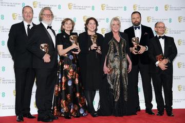 LONDON, ENGLAND - FEBRUARY 10:  (L-R) Winners of the Outstanding British Film award, Andrew Lowe, Tony McNamara, Deborah Davis, Lee Magiday, Ceci Dempsey, director Yorgos Lanthimos and Ed Guiney pose in the press room during the EE British Academy Film Awards at Royal Albert Hall on February 10, 2019 in London, England. (Photo by Pascal Le Segretain/Getty Images)