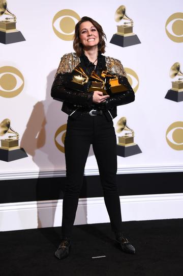 LOS ANGELES, CALIFORNIA - FEBRUARY 10: Singer/songwriter Brandi Carlile poses with her awards for Best American Roots Performance 'The Joke', Best American Roots song 'The joke' and Best Americana Album 'By the Way, I Forgive You' poses in the press room during the 61st Annual GRAMMY Awards at Staples Center on February 10, 2019 in Los Angeles, California. (Photo by Amanda Edwards/Getty Images)