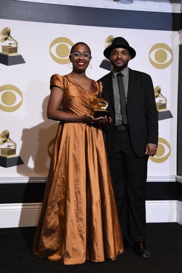LOS ANGELES, CALIFORNIA - FEBRUARY 10: Cécile McLorin Salvant (L) and Sullivan Fortner, winners of Best Jazz Vocal Album for 'The Window,' pose in the press room during the 61st Annual GRAMMY Awards at Staples Center on February 10, 2019 in Los Angeles, California. (Photo by Amanda Edwards/Getty Images)