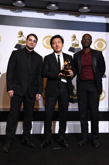 LOS ANGELES, CALIFORNIA - FEBRUARY 10: (L-R) Jason Cole, Hiro Murai and Ibra Ake, winners of Best Music Video for 'This Is America,' pose in the press room during the 61st Annual GRAMMY Awards at Staples Center on February 10, 2019 in Los Angeles, California. (Photo by Amanda Edwards/Getty Images)