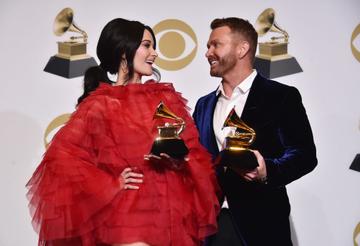 LOS ANGELES, CA - FEBRUARY 10:  Kacey Musgraves (L) and Shane McAnally, winners of the Best Country Song award for 'Space Cowboy, pose in the press room during the 61st Annual GRAMMY Awards at Staples Center on February 10, 2019 in Los Angeles, California.  (Photo by Alberto E. Rodriguez/Getty Images for The Recording Academy)