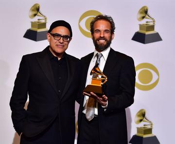 Winners of Best Musical Theater Album for 'The Band's Visit,' David Yazbek (L) and Dean Sharenow (R), pose in the press room during the 61st Annual Grammy Awards at Staples Center on February 10, 2019 in Los Angeles, California. (Photo by Frederic J. BROWN / AFP)        (Photo credit should read FREDERIC J. BROWN/AFP/Getty Images)