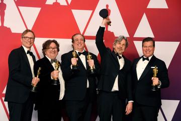 HOLLYWOOD, CALIFORNIA - FEBRUARY 24: (L-R) Jim Burke, Charles B. Wessler, Nick Vallelonga, Peter Farrelly, and Brian Currie, winners of Best Picture for "Green Book," pose in the press room during the 91st Annual Academy Awards at Hollywood and Highland on February 24, 2019 in Hollywood, California. (Photo by Frazer Harrison/Getty Images)