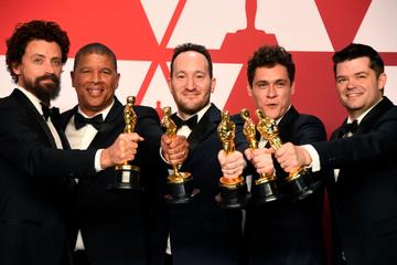 HOLLYWOOD, CALIFORNIA - FEBRUARY 24: (L-R) Bob Persichetti, Peter Ramsey, Rodney Rothman, Phil Lord, and Christopher Miller, winners of Best Animated Feature Film for "Spider-Man: Into the Spider-Verse," pose in the press room during the 91st Annual Academy Awards at Hollywood and Highland on February 24, 2019 in Hollywood, California. (Photo by Frazer Harrison/Getty Images)
