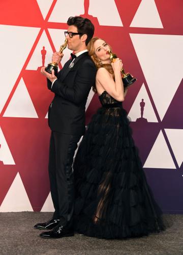 HOLLYWOOD, CALIFORNIA - FEBRUARY 24: (L-R) Guy Nattiv and Jaime Ray Newman, winners of Best Live Action Short Film for "Skin," pose in the press room during the 91st Annual Academy Awards at Hollywood and Highland on February 24, 2019 in Hollywood, California. (Photo by Frazer Harrison/Getty Images)