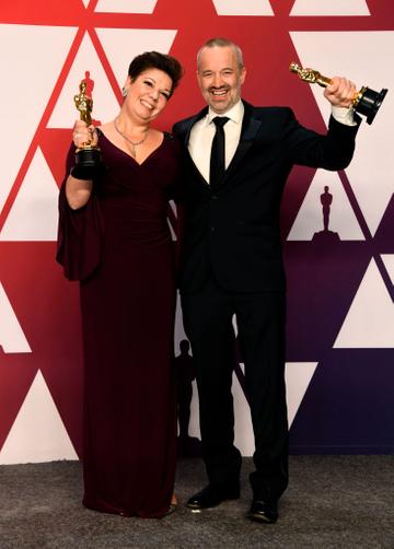 HOLLYWOOD, CALIFORNIA - FEBRUARY 24: (L-R) Nina Hartstone and John Warhurst, winners of Best Sound Editing for "Bohemian Rhapsody," pose in the press room during the 91st Annual Academy Awards at Hollywood and Highland on February 24, 2019 in Hollywood, California. (Photo by Frazer Harrison/Getty Images)