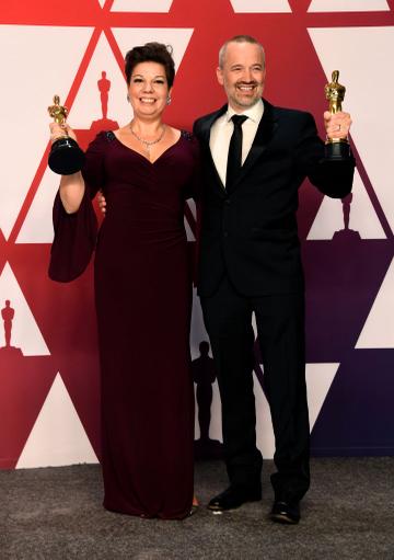 HOLLYWOOD, CALIFORNIA - FEBRUARY 24: (L-R) Nina Hartstone and John Warhurst  pose with Best Sound Editing award for "Bohemian Rhapsody" in the press room during the 91st Annual Academy Awards at Hollywood and Highland on February 24, 2019 in Hollywood, California. (Photo by Frazer Harrison/Getty Images)