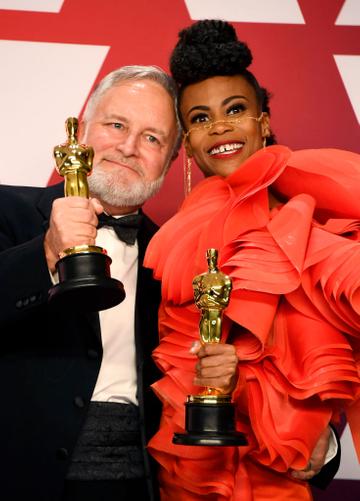 HOLLYWOOD, CALIFORNIA - FEBRUARY 24:  (L-R) Jay R. Hart and Hannah Beachler pose with the Best Production Design award for "Black Panther" in the press room during the 91st Annual Academy Awards at Hollywood and Highland on February 24, 2019 in Hollywood, California. (Photo by Frazer Harrison/Getty Images)