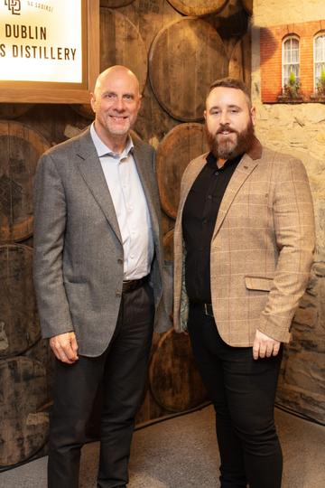 Enzo Visone & Kris Dickenson pictured at the preview of The Dublin Liberties Distillery, the much anticipated new craft distillery in the heart of the Liberties. Photo: Anthony Woods.