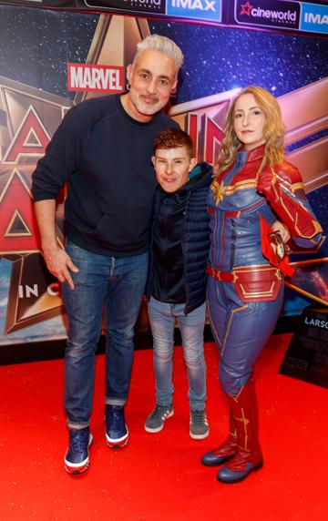 Baz Ashmawy, Conor Walsh and Lauren Murphy pictured at a special preview screening of CAPTAIN MARVEL in Cineworld Dublin. Picture by: Andres Poveda