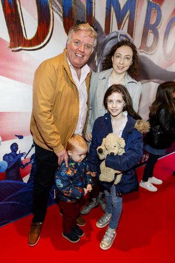 24/03/2019 Liam Coburn with Emma, Abigale (9), and Elliott Coburn (4) at the Irish Premiere of Disney's DUMBO in the Light House Cinema Dublin. Picture: Andres Poveda