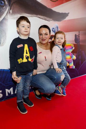 24/03/2019 Triona McCarthy with children Max and Minnie at the Irish Premiere of Disney's DUMBO in the Light House Cinema Dublin. Picture Andres Poveda