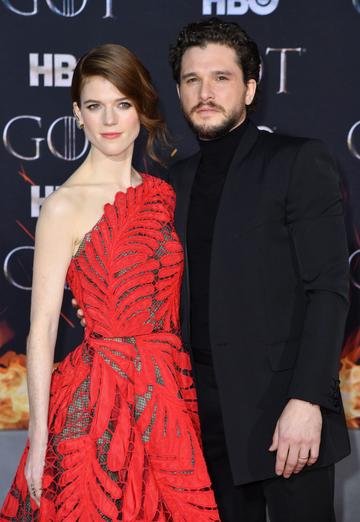 Scottish actress Rose Leslie and husband British actor Kit Harington arrive for the "Game of Thrones" eighth and final season premiere at Radio City Music Hall on April 3, 2019 in New York city. (Photo by Angela Weiss / AFP)        (Photo credit should read ANGELA WEISS/AFP/Getty Images)