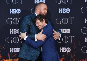Icelandic actor Hafthor Bjornsson (L) and Chilean actor Pedro Pascal (R) arrive for the "Game of Thrones" eighth and final season premiere at Radio City Music Hall on April 3, 2019 in New York city. (Photo by Angela Weiss / AFP)        (Photo credit should read ANGELA WEISS/AFP/Getty Images)