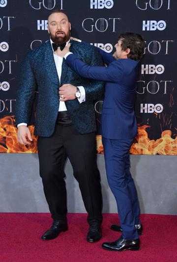 Icelandic actor Hafthor Bjornsson (L) and Chilean actor Pedro Pascal (R) arrive for the "Game of Thrones" eighth and final season premiere at Radio City Music Hall on April 3, 2019 in New York city. (Photo by Angela Weiss / AFP)        (Photo credit should read ANGELA WEISS/AFP/Getty Images)