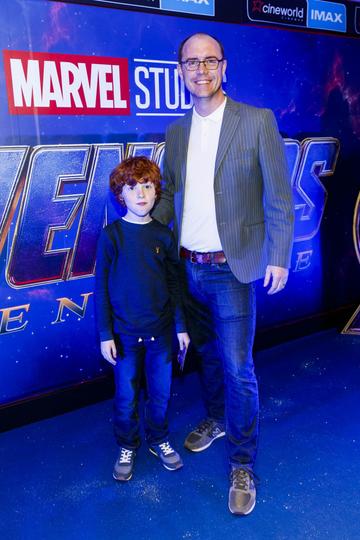 Brian Redmond with his son Alex pictured at the special preview screening of Marvel Studios' Avengers: Endgame at Cineworld Dublin. Picture by: Andres Poveda