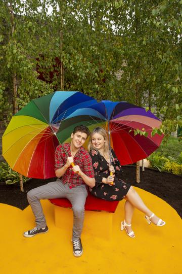 Derry Girls actors Nicola Coughlan and Dylan Llewellyn pictured at the Yesterday, “What If” show garden at this year’s Bloom Festival at the Phoenix Park in Dublin inspired by upcoming comedy “Yesterday”.  From director Danny Boyle and screenwriter Richard Curtis, and starring Lily James, Yesterday is in cinemas nationwide from June 28th. Photo: Anthony Woods