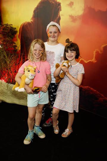 Amy Carswell (9), Lucy McFeely (10) Kate Carswell (7) pictured at a special family screening of Disney’s THE LION KING at the Odeon Point Village. Picture: Andres Poveda