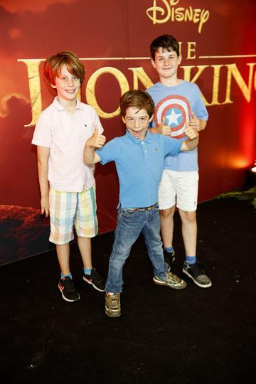 Arlo (9),  Casper (7) and Oscar (9) pictured at a  screening of Disney’s THE LION KING at the Odeon Point Village. Picture Andres Poveda