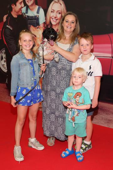 Millie Murray, Michelle Murray, Zac Murray and Cooper Murray with Barney  at the special preview screening of The Art of Racing in the Rain at the Odeon Cinema in Point Square,Dublin .
Pic Brian McEvoy Photography
